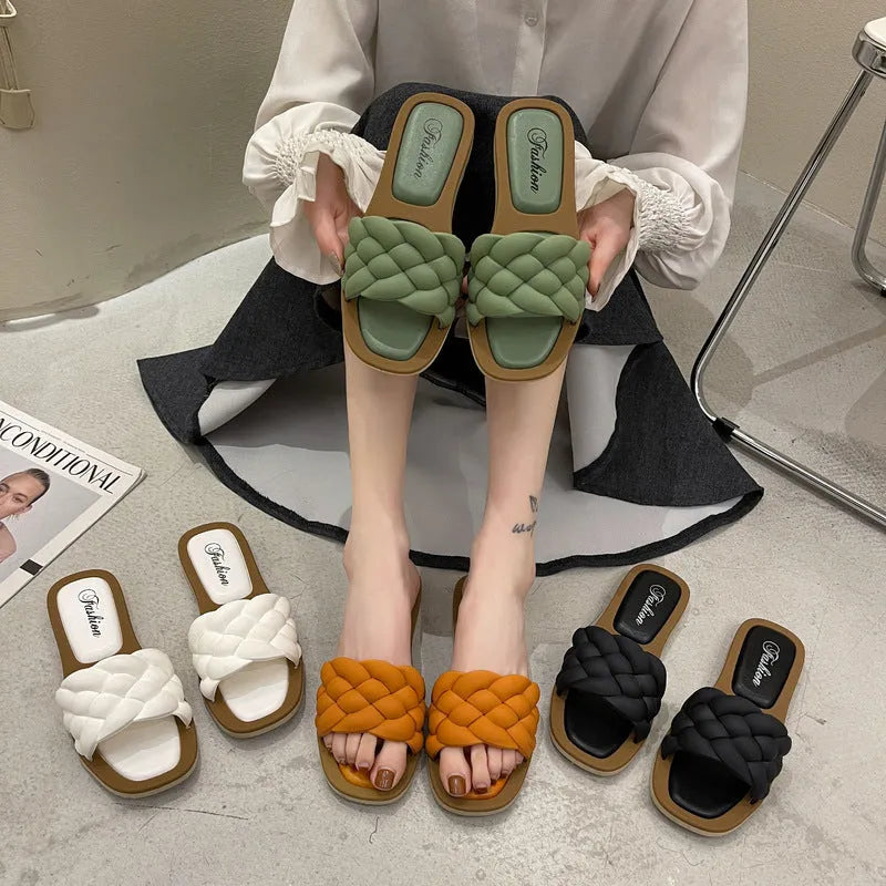 Women's anti-skid thick sole beach sandals in PVC material showing plaid pattern options
