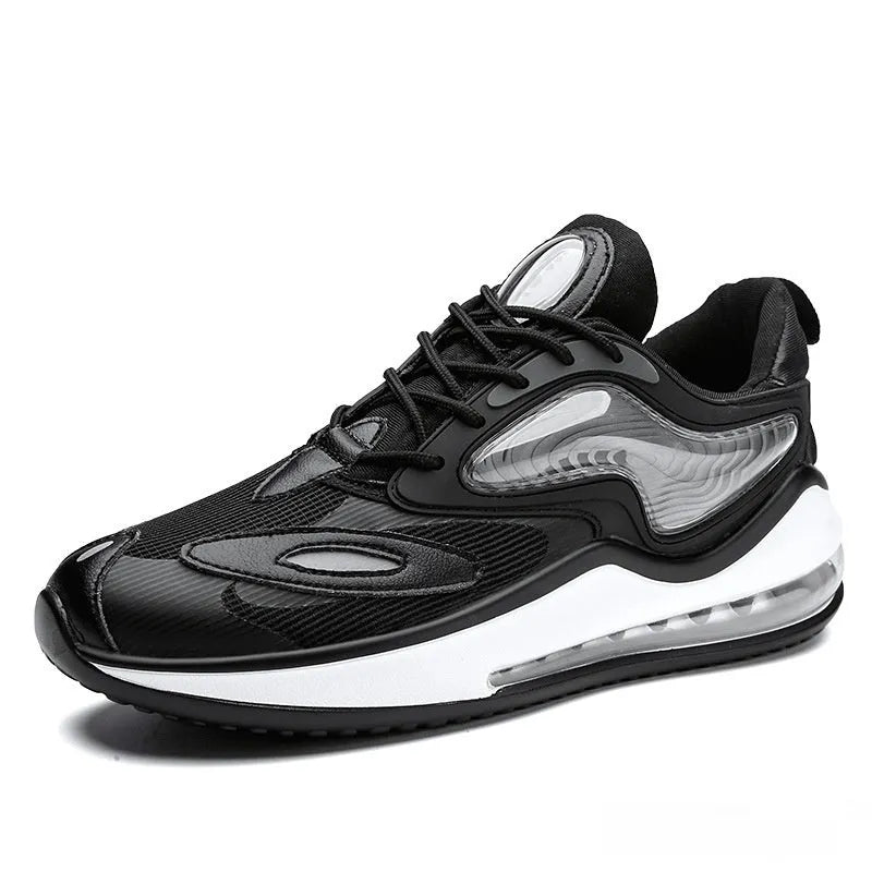 Men's Space Black and Space White casual shoes with air cushion and rubber sole.