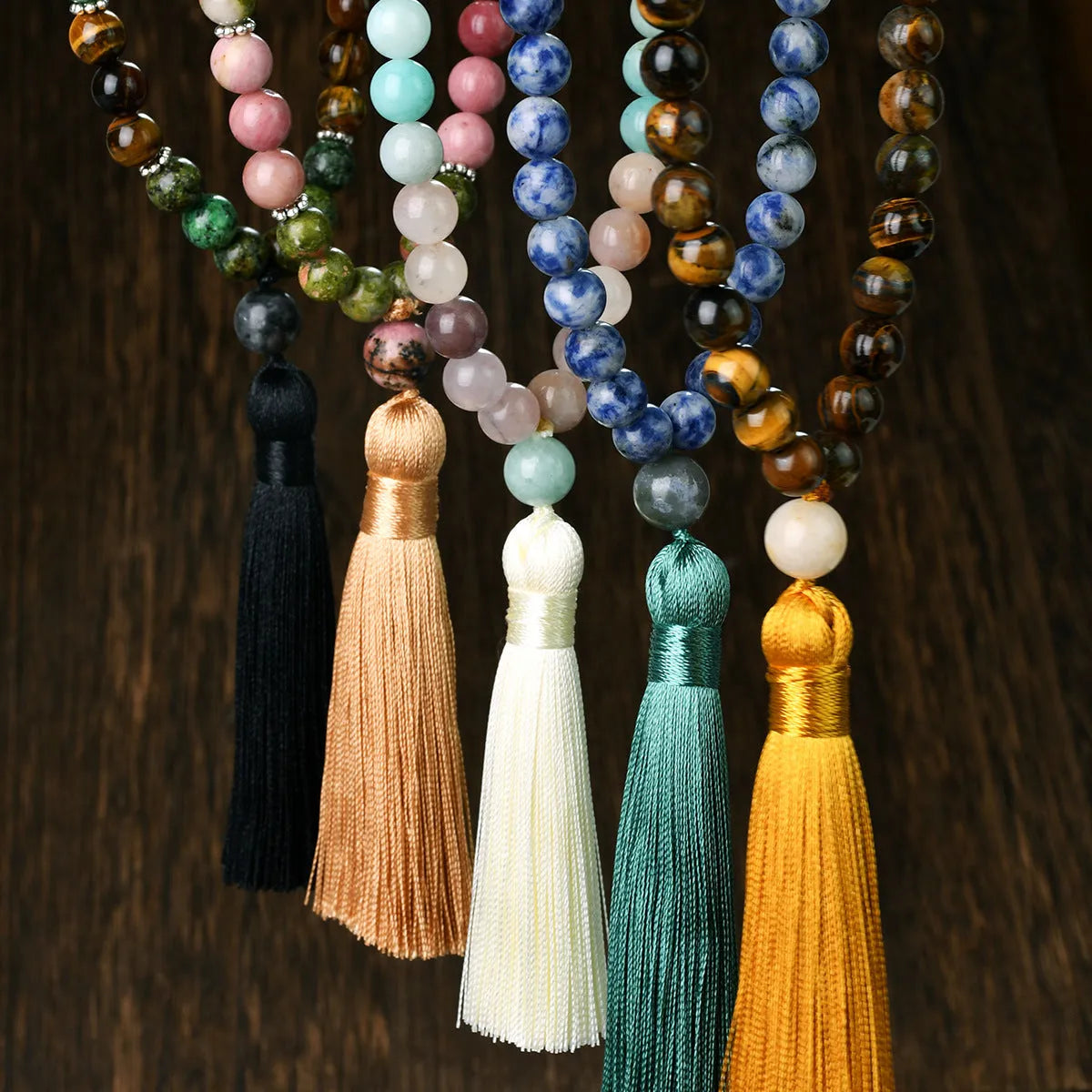 Handmade long beaded necklace with 108 natural stone tassels in bohemian style.