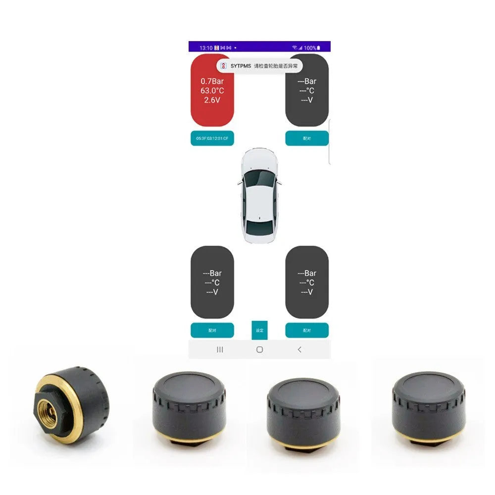 Bluetooth tyre pressure monitoring system showing four black sensors for smartphone display