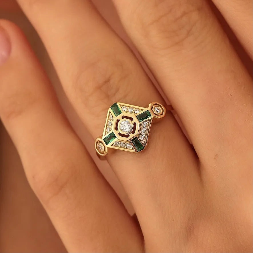 Square-cut emerald green ins style fashion ring for women on a white background.