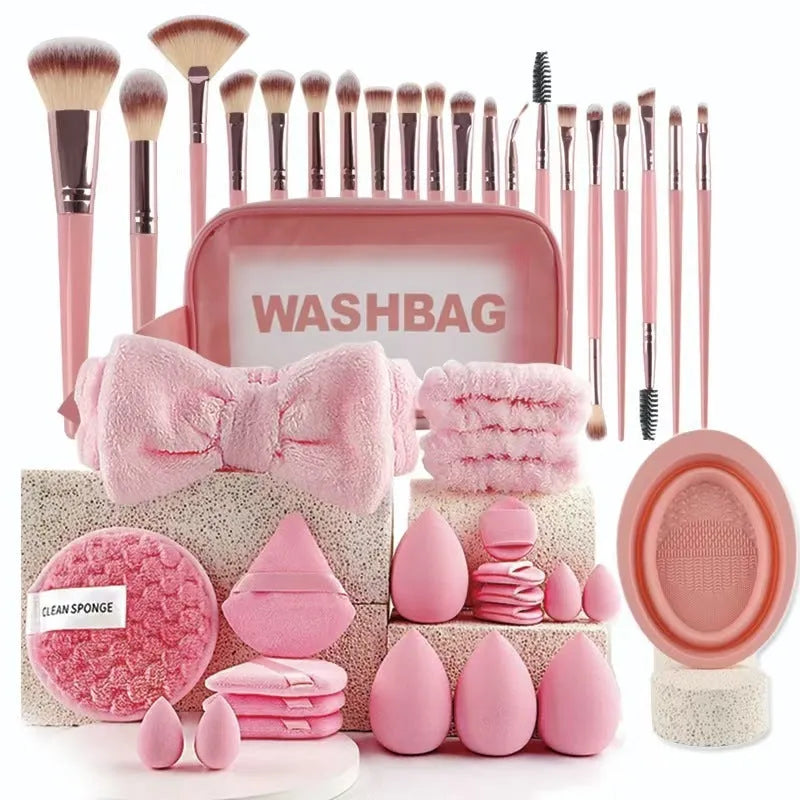 Hydrophilic non-latex beauty tool combination set for makeup and face washing in pink, brown, and purple colours