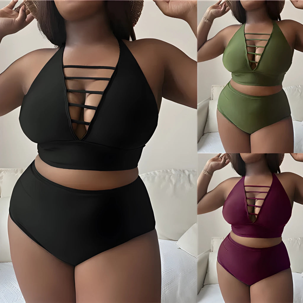 Plus size woman modelling a black adjustable halter bikini with high waist briefs