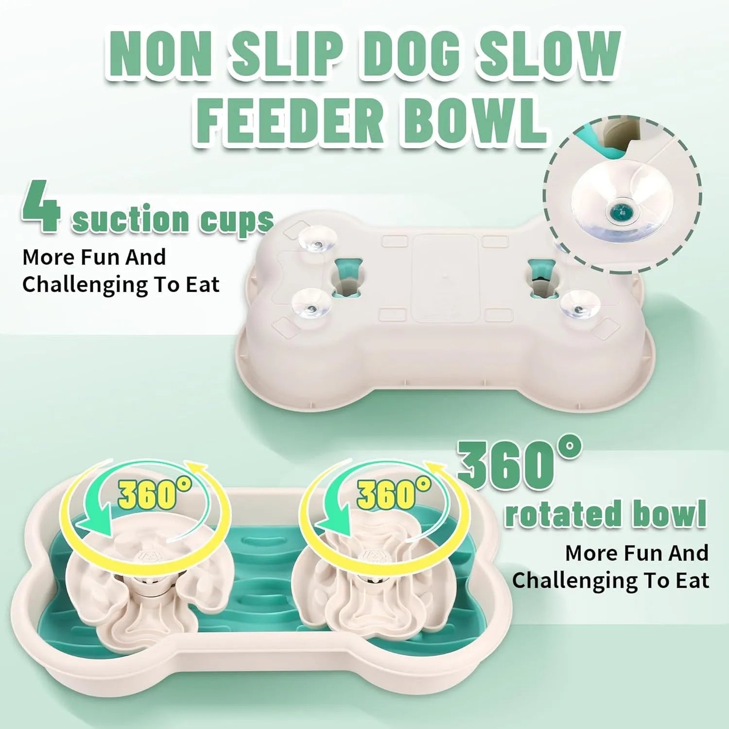 Large green three-tier slow feeder dog bowl with puzzle patterns and suction cup base