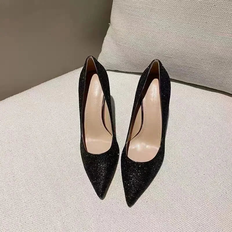 Women's crystal wedding shoes in silver and black colours with multiple heel height options