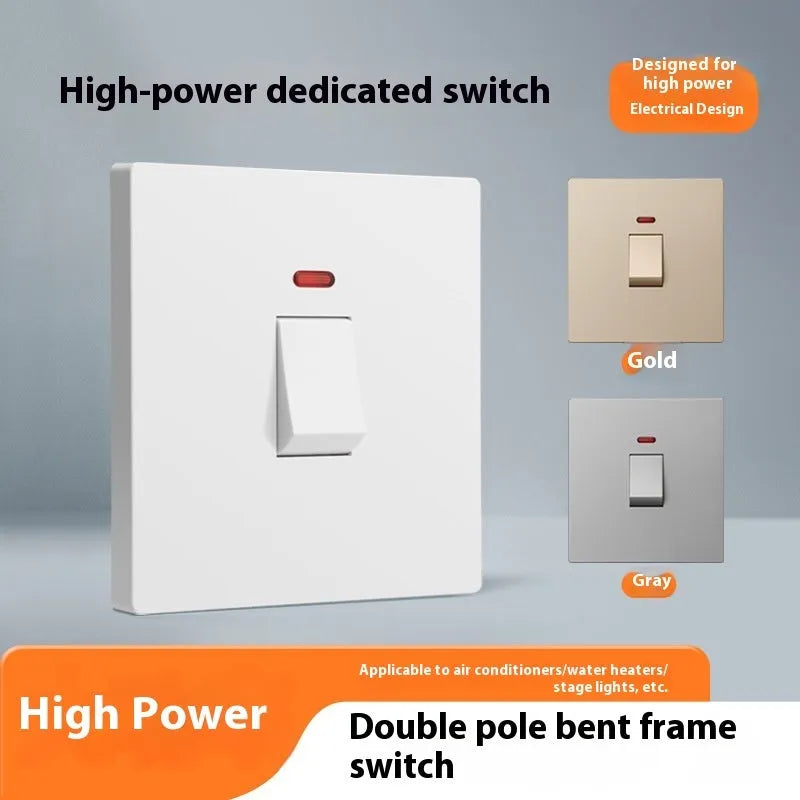 High-current double-break electrical switch with light panel indicator in gold, grey, or white finish.