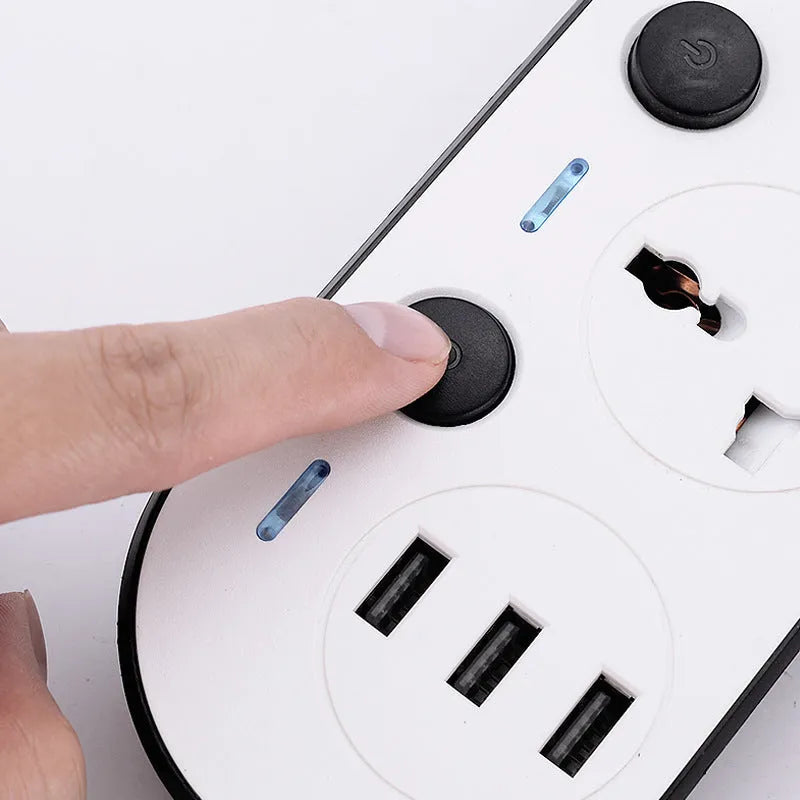 International power strip with four USB ports, switch controls, and choice of cable length