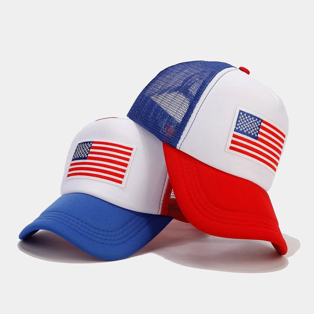 Red and blue contrast baseball cap with dome crown and adjustable strap