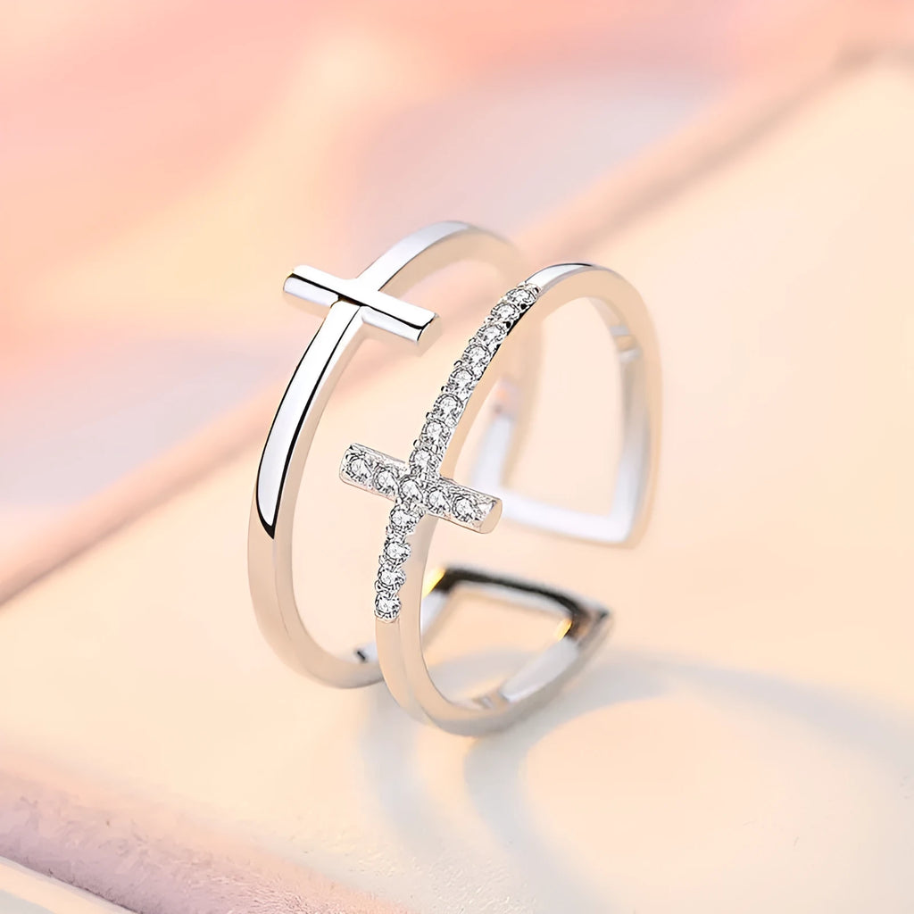 Women's adjustable copper ring with geometric double cross design and zircon stone inlay in silver setting