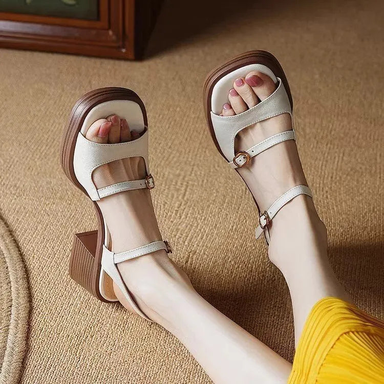 Women's open toe square toe platform sandals in brown with rubber sole and PU leather upper