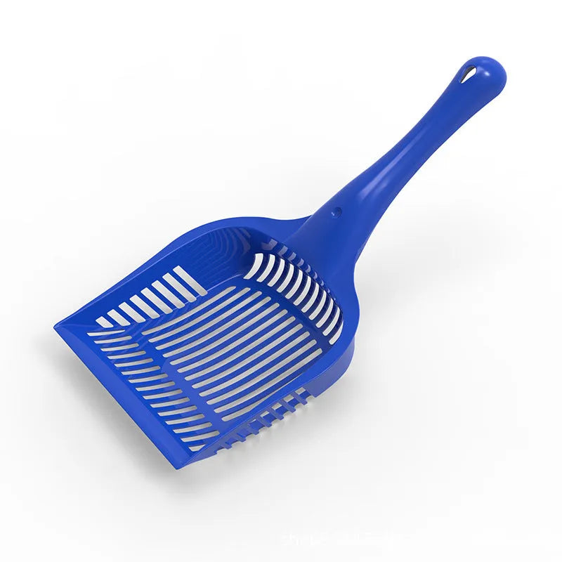 Red plastic cat litter scoop with deep sifting bowl and handle next to a yellow scoop.