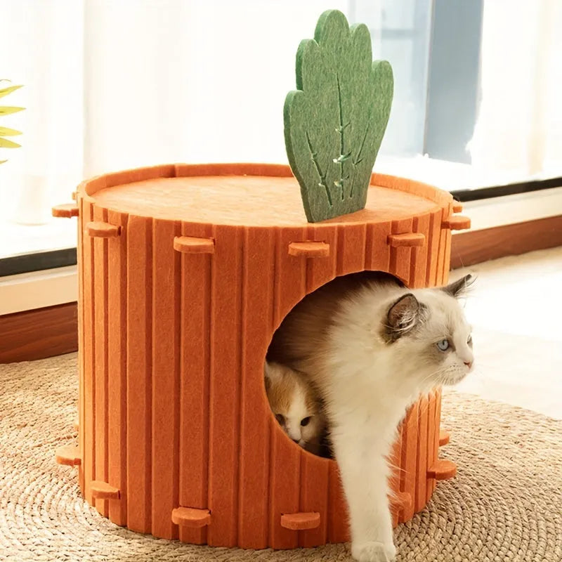 Carrot-shaped cat tunnel in polyester felt with semi-enclosed design and entry holes