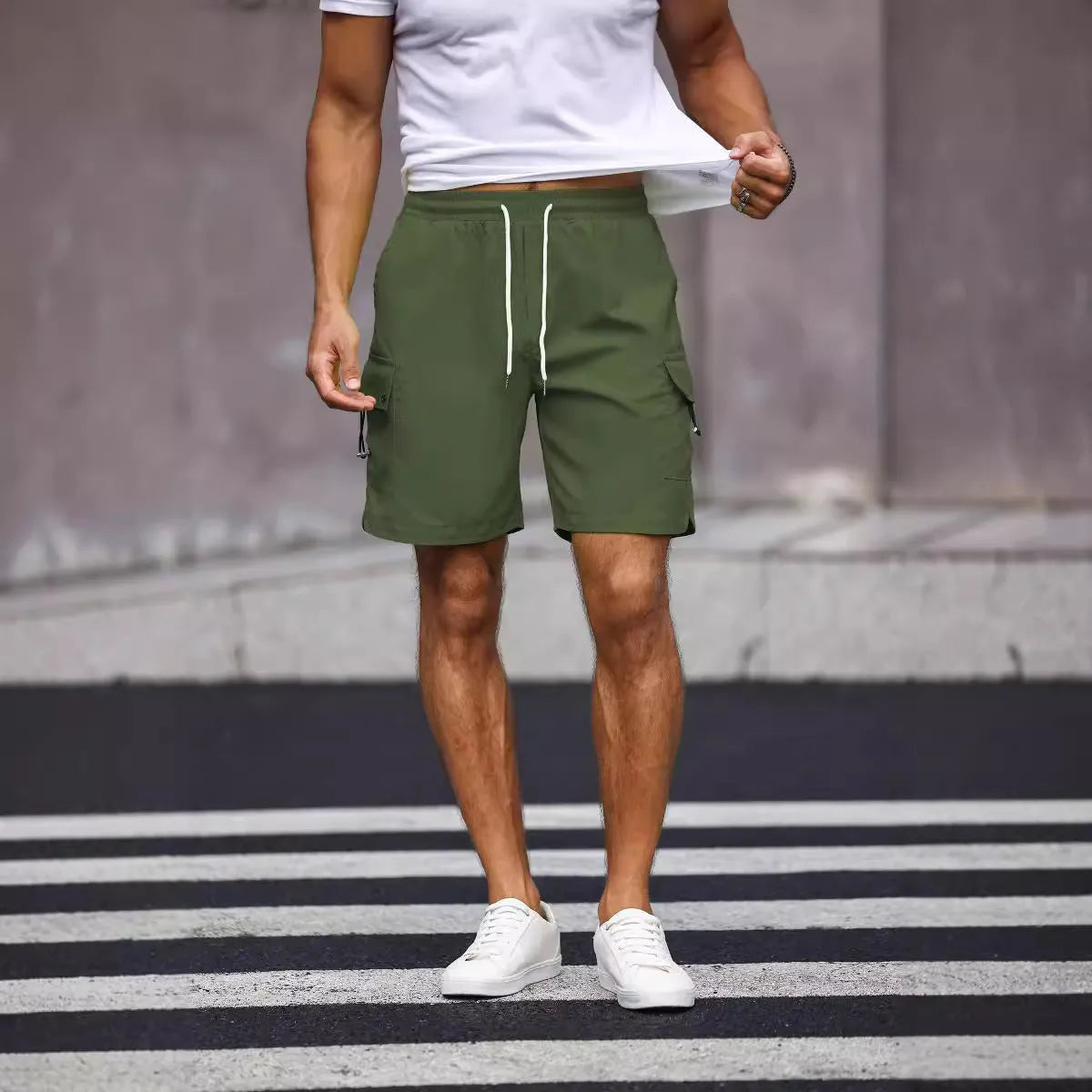 Men's loose fit workwear shorts in straight cut with micro-elastic waist in fluorescent green or army green colours