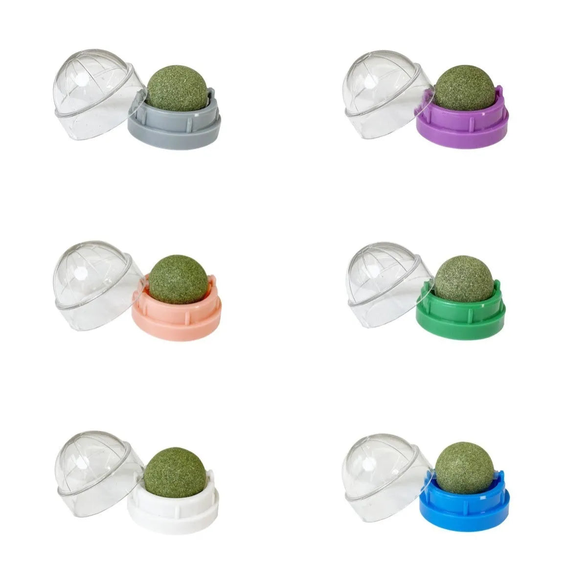 Plastic catnip ball chewing toy in various colours with textured surface for dental cleaning