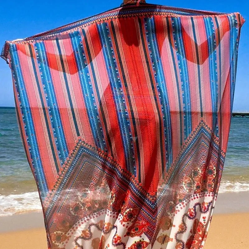 Women's three-piece swimsuit set showing high-waist briefs, cutout sleeveless top and matching coat in picture colour