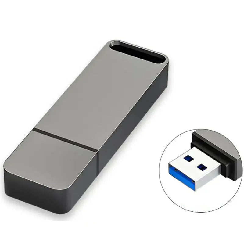 Customisable metal USB flash drive in black, red, or silver colours showing high storage capacity options