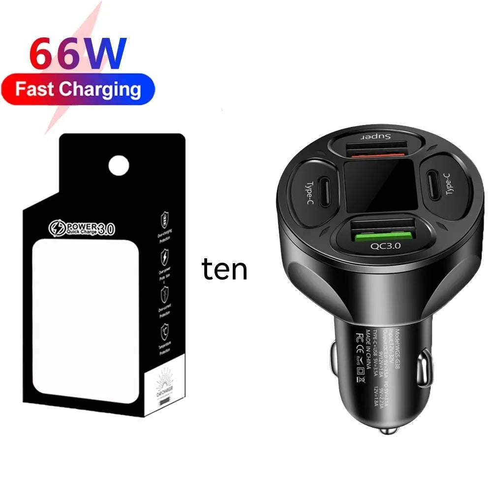 66W dual USB dual Type-C digital display car charger with compact black design