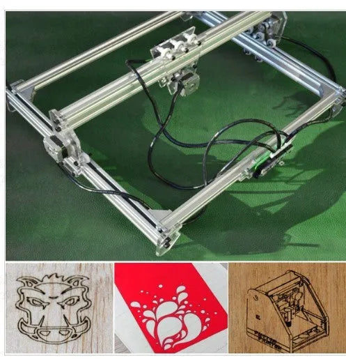 Miniature desktop laser engraving machine for marking and lettering with a 400mm x 300mm base plate.