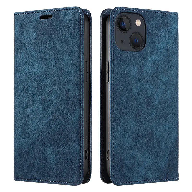 Magnetic flip iPhone case in black with TPU leather construction and magnetic closure flap