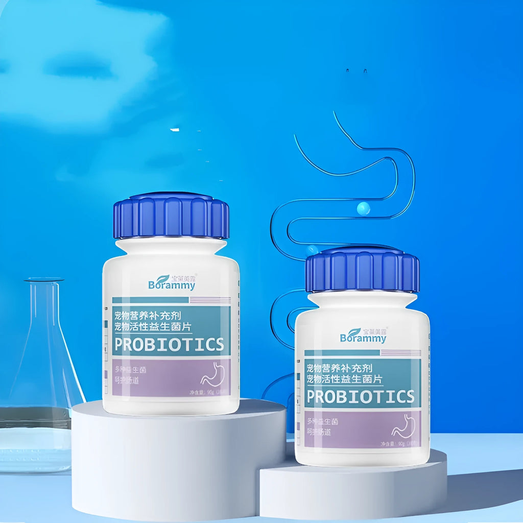 Bottle of 180 pet probiotic tablets for cat and dog digestive health support