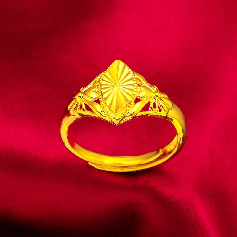 Alluvial gold geometric ring with textured open diamond flower design on brass base