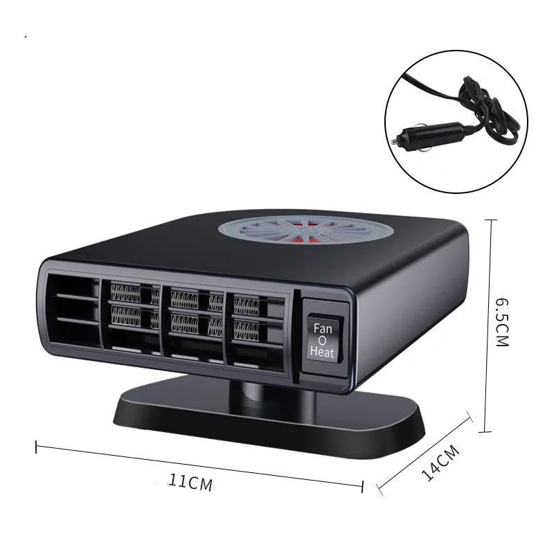 Black compact vehicle-mounted heater for car defrosting and defogging with 360-degree rotation.