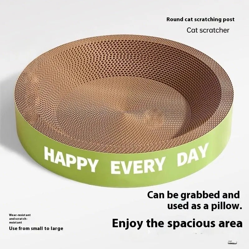 Green round cardboard cat scratching board with a central nest bed.