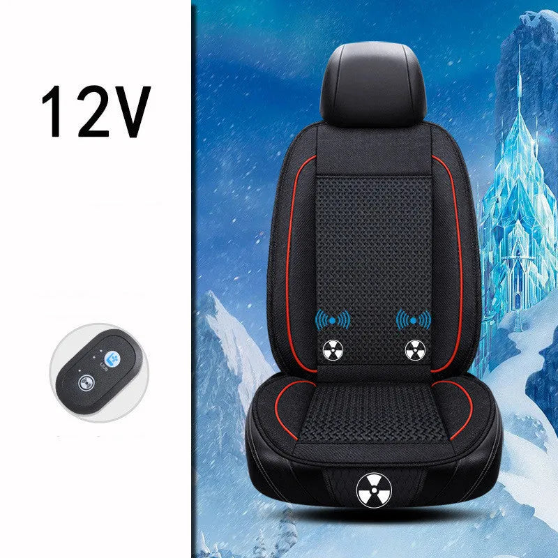 Car ventilation seat cushion in black colour showing 60x60cm dimensions with power connection