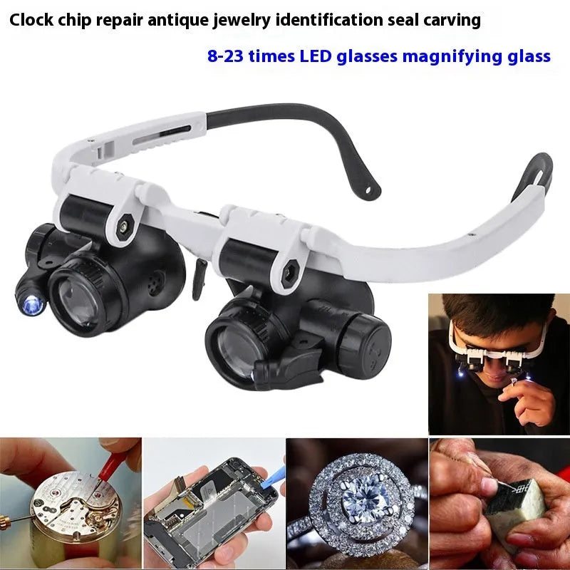 White head mounted magnifying glass with LED light, shown folded and unfolded