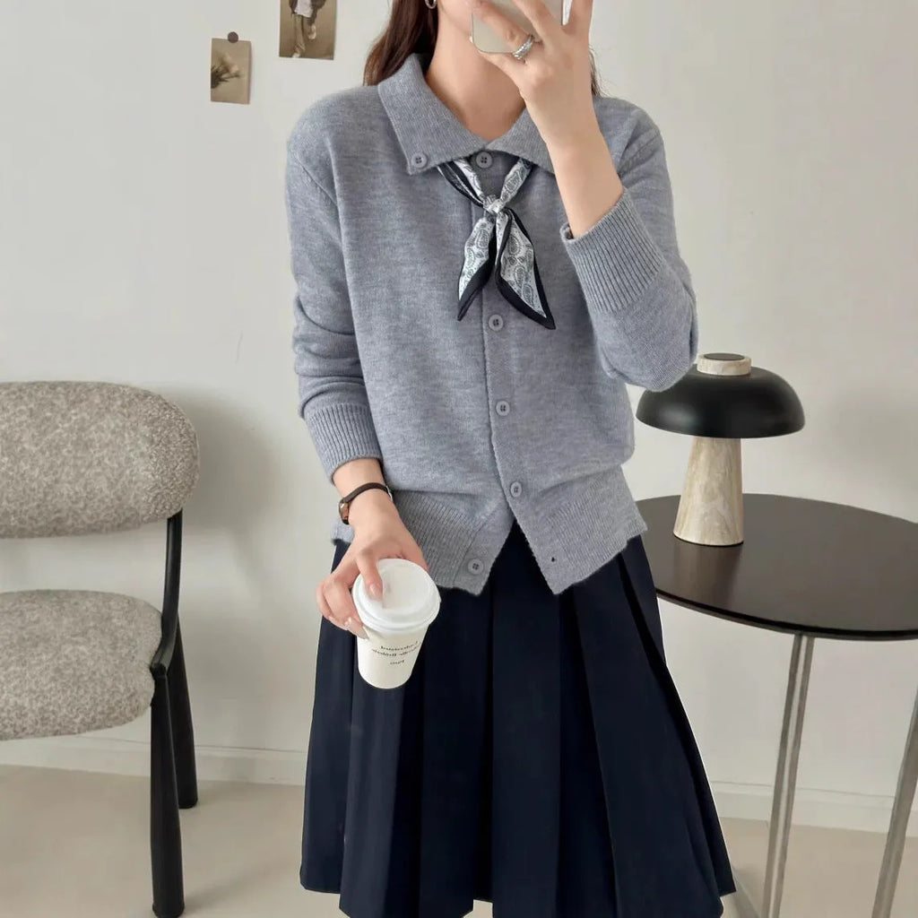 Acrylic lapel scarf cardigan in beige, grey, or navy blue, shown as a long-sleeve free-size garment.