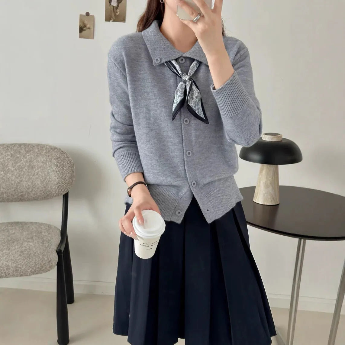 Acrylic lapel scarf cardigan in beige, grey, or navy blue, shown as a long-sleeve free-size garment.