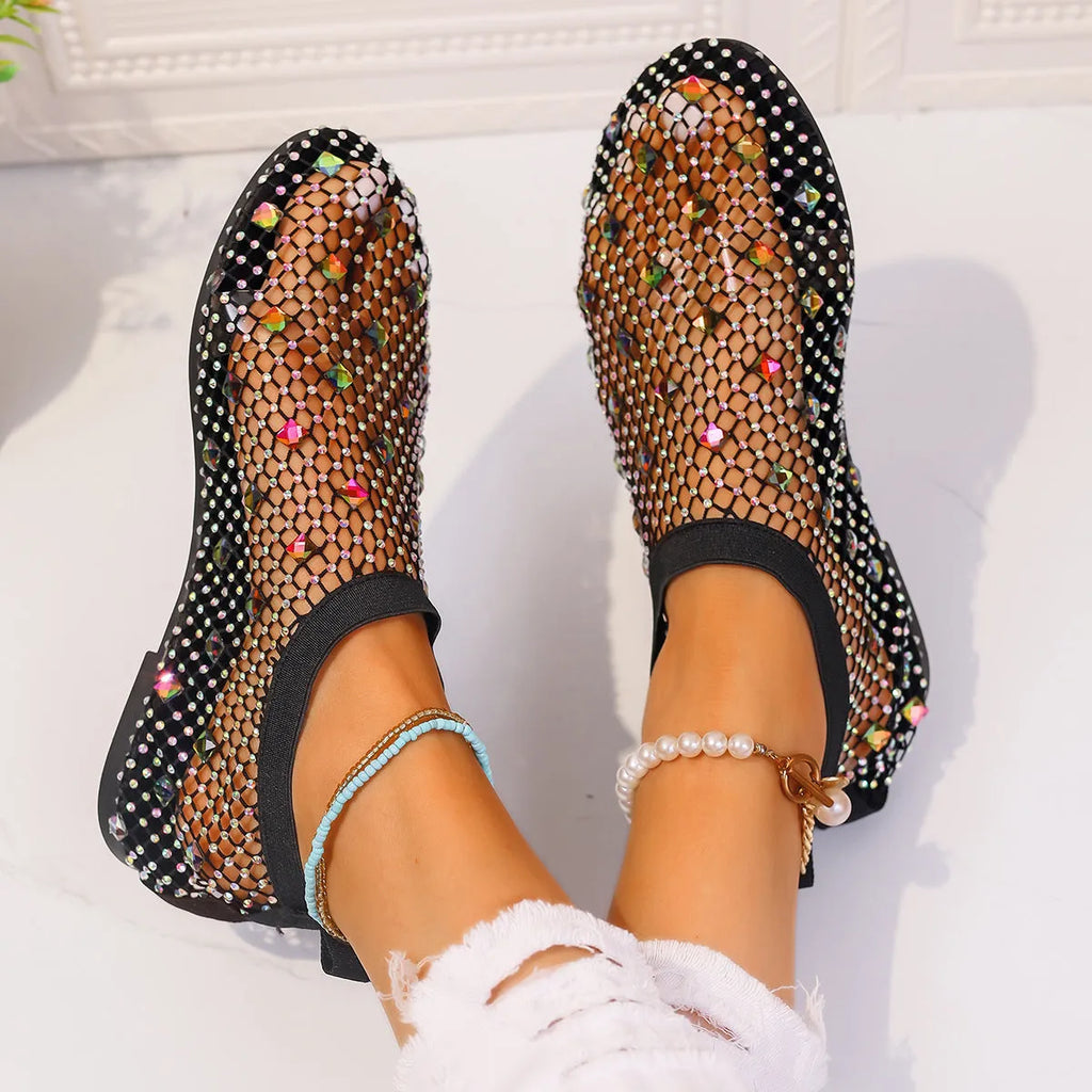 Women's mesh flat sandals with colourful rhinestone decoration and round toe