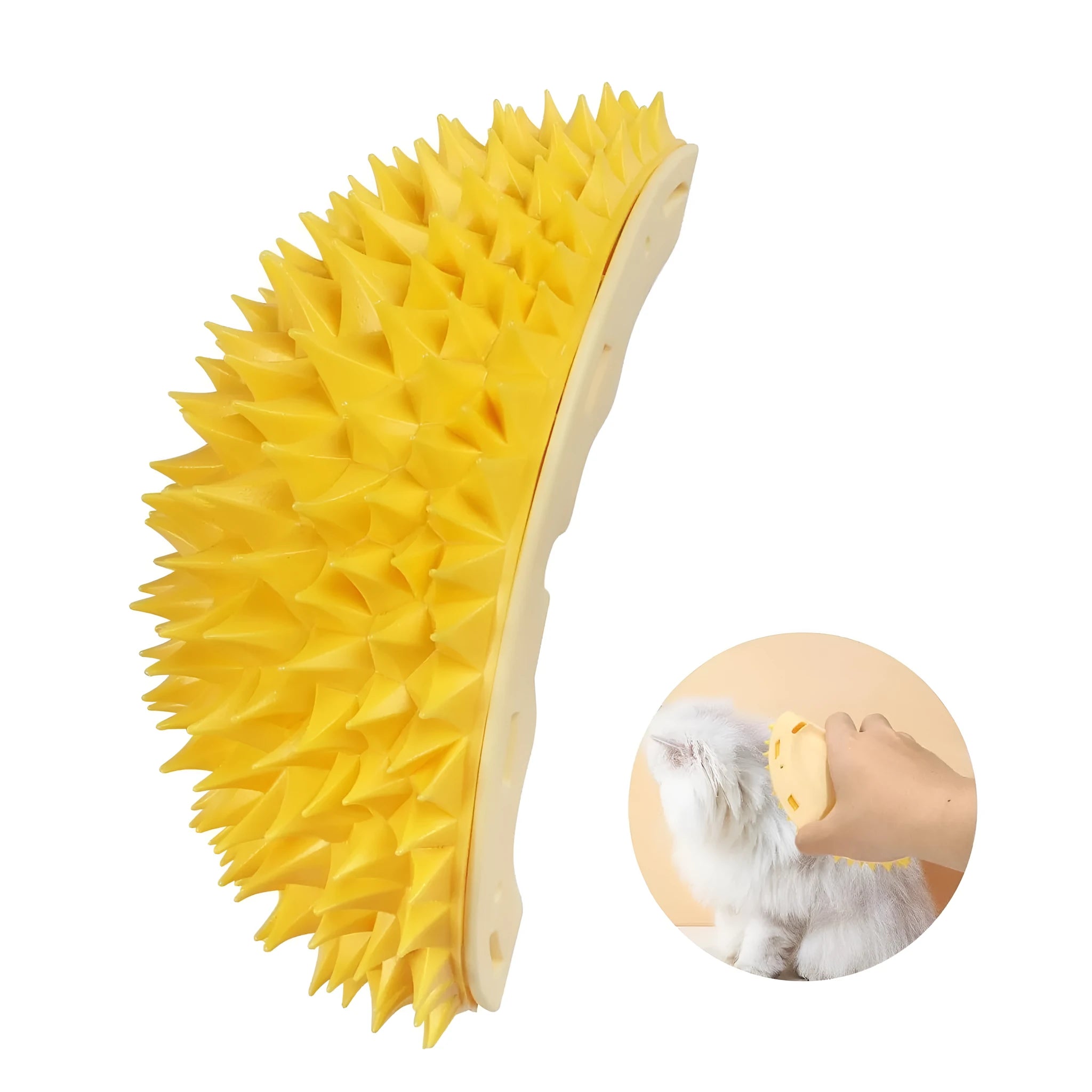 Yellow durian-shaped cat corner scratcher and grooming comb mounted on a wall.