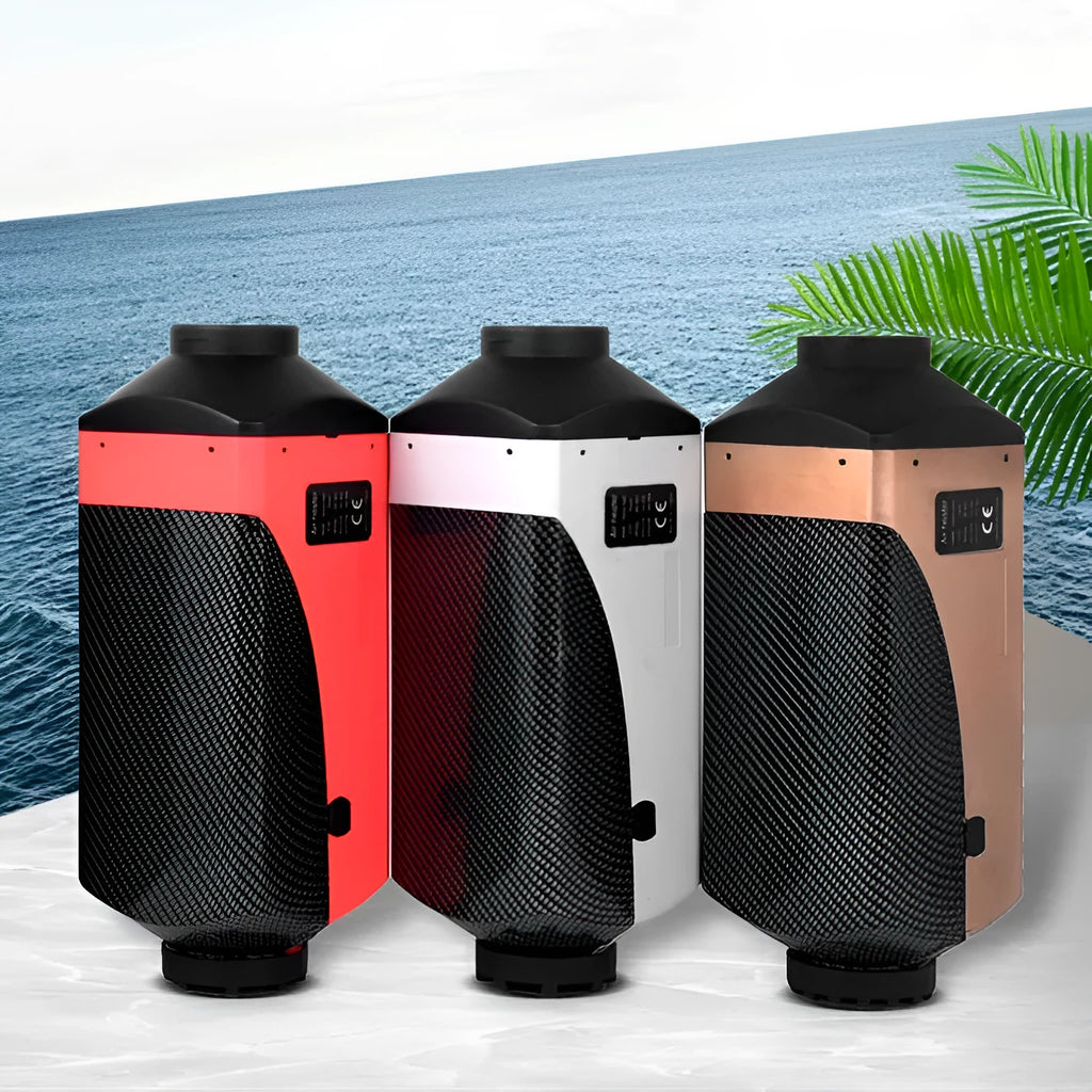 Red and black diesel air heater unit with fuel tank, exhaust pipe and installation components for vehicles.