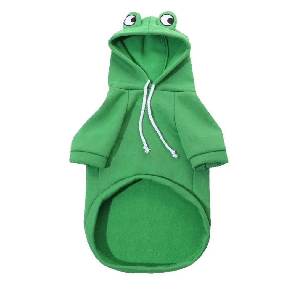Green frog costume pet hoodie for small dog or cat with hood and detailed size measurements
