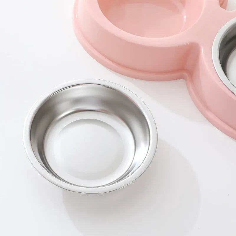 Stainless steel double pet bowl with frog design in blue, green, or pink colours