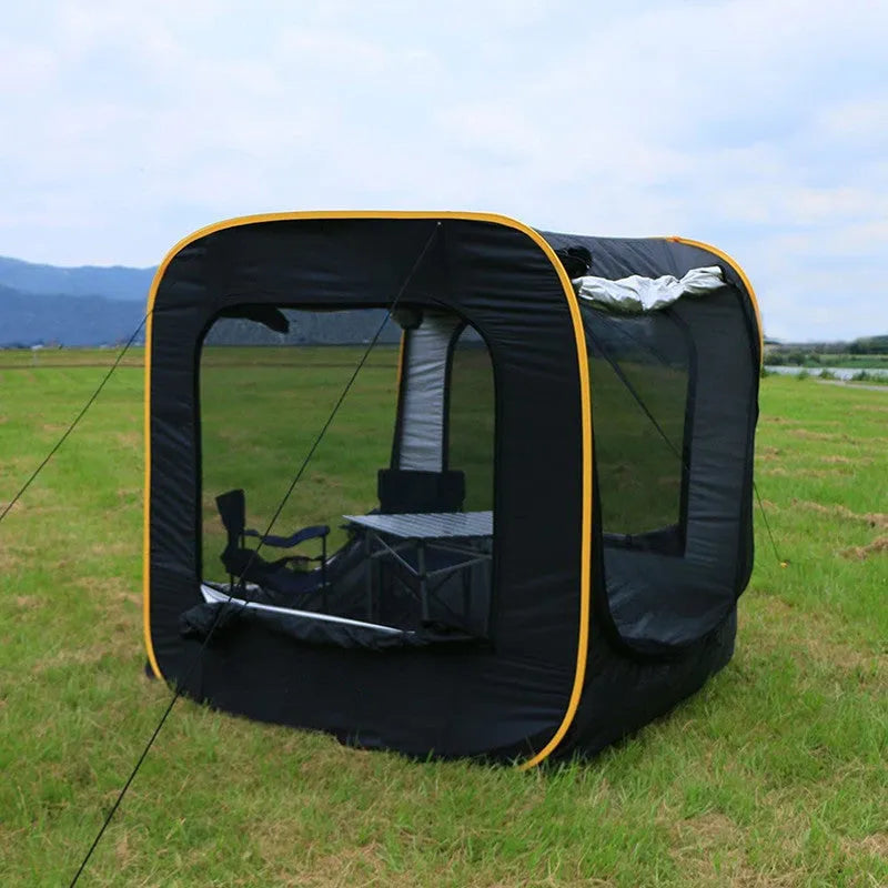 Black pop-up car tail tent with quick-throw design and steel framework
