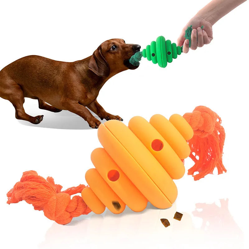 Green and yellow oval dog ball with knotted rope, a slow-leak food dispenser chew toy.