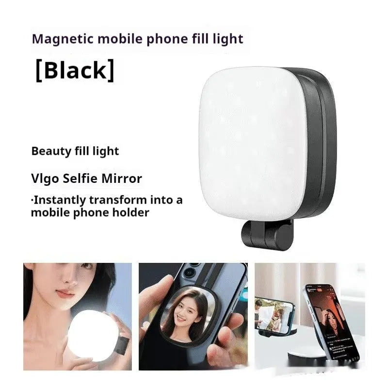 Black and white mobile phone magnetic selfie fill light with makeup mirror showing three-colour temperature adjustment