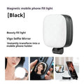 Black and white mobile phone magnetic selfie fill light with makeup mirror showing three-colour temperature adjustment