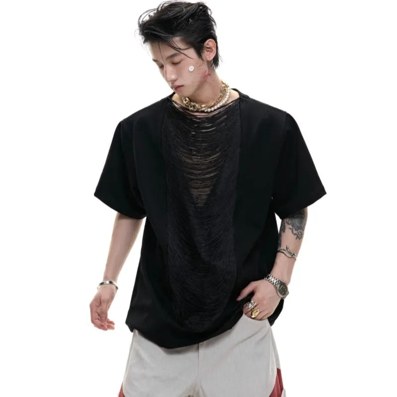 Men's black hollow out V-neck T-shirt with short sleeves and tassel detailing