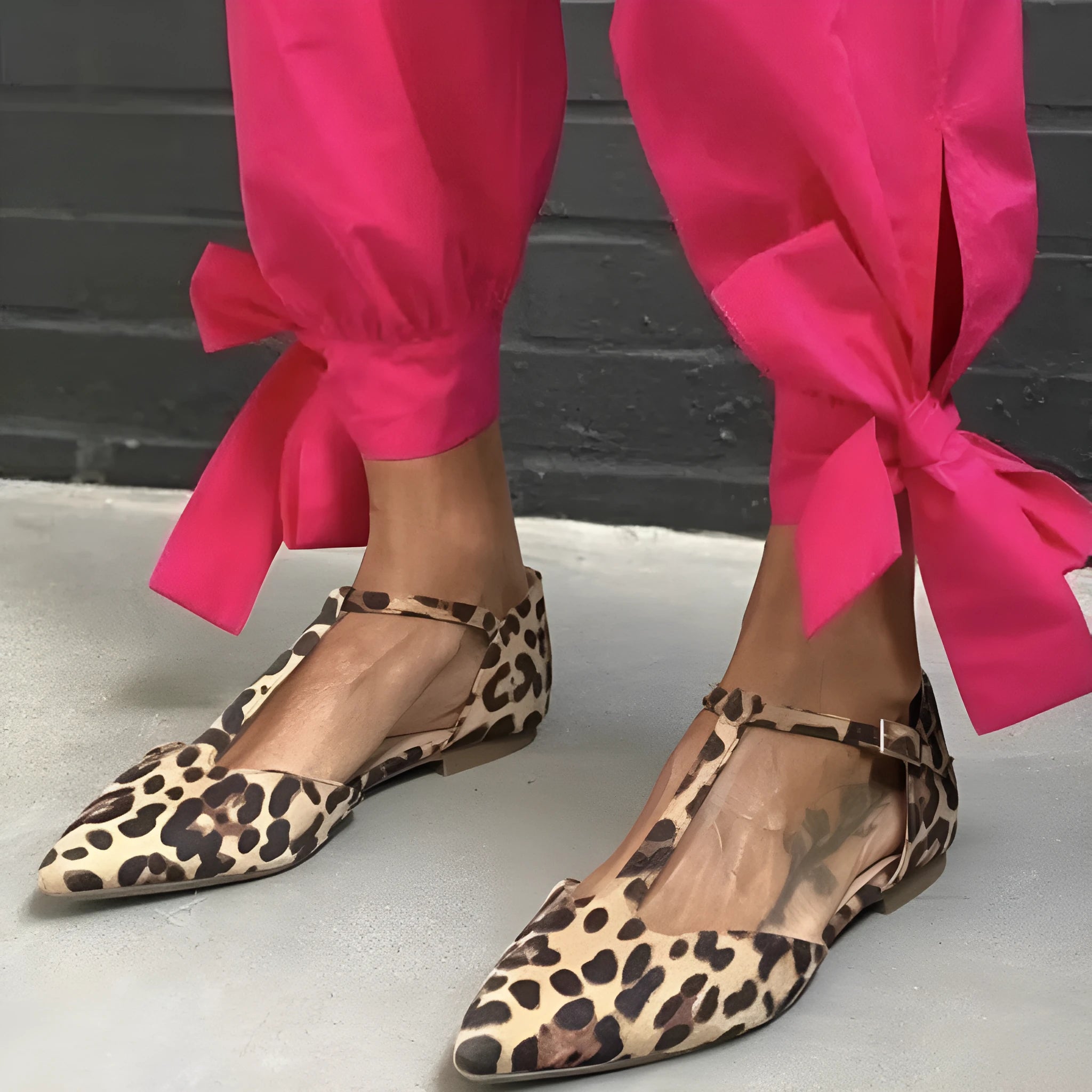 Women's leopard print pointed toe pumps with chunky low heel and cross shoulder strap