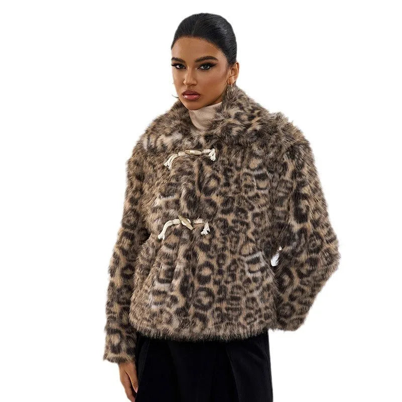 Leopard print women's coat with buckle lapel detail and regular sleeves