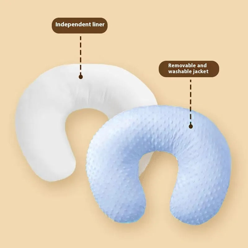 Multifunctional nursing pillow for breastfeeding support in grey, blue, pink, or yellow with removable cover.
