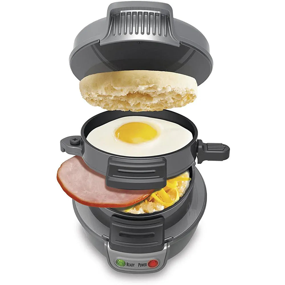 Household breakfast sandwich maker with egg cooker ring in bright red, orange or silver grey colour
