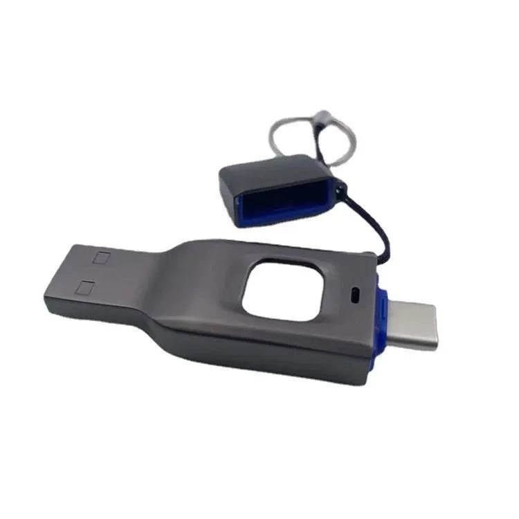 Black encrypted USB flash drive with fingerprint sensor showing USB 3.0 and USB-C connectors