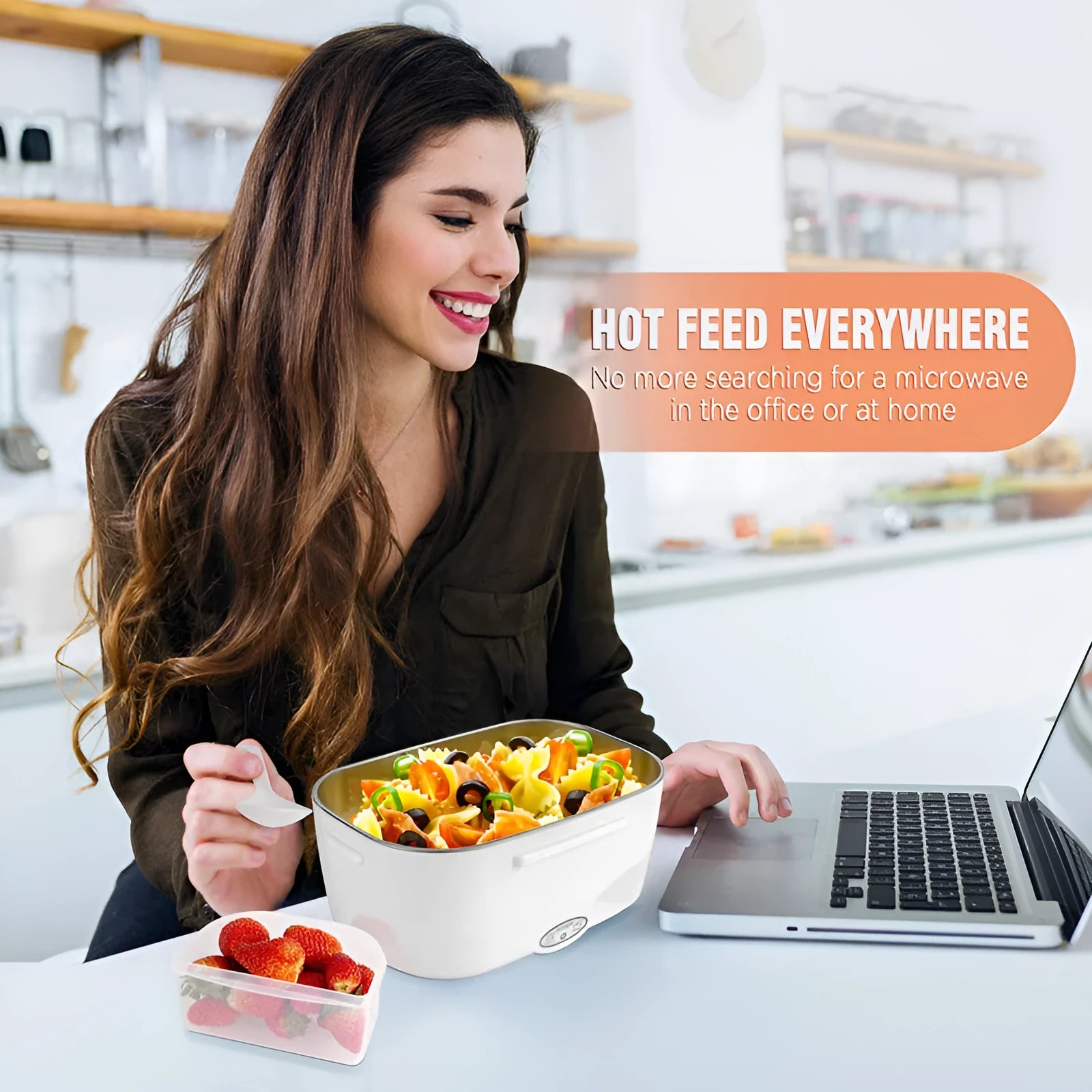 Grey electric heating lunch box with stainless steel inner tank and dual power cord for car and home use