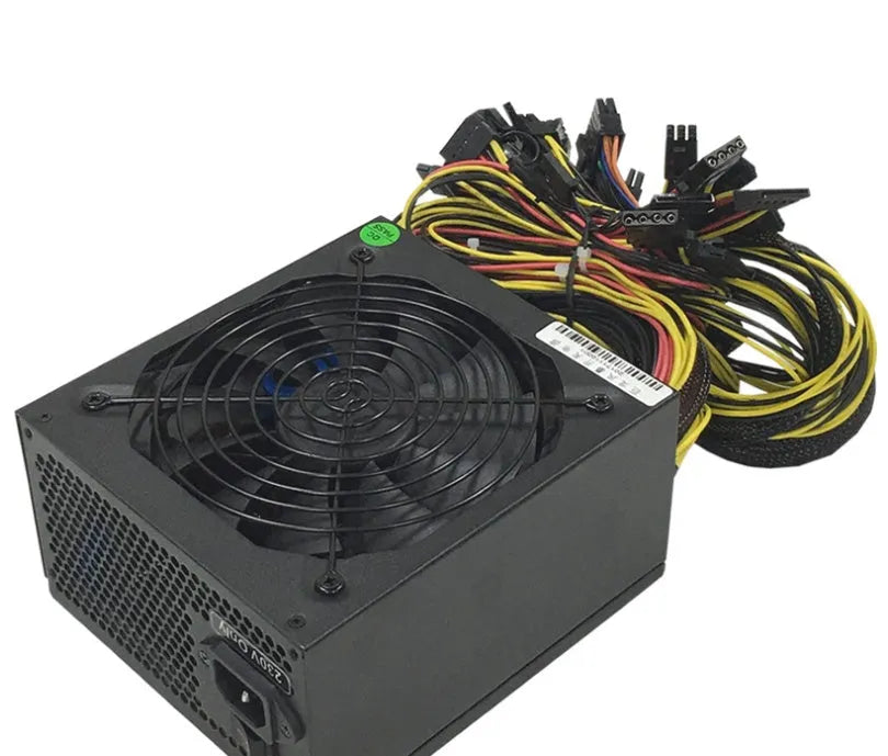 Black server power supply unit with 110V input, multiple GPU power connectors, and a 4+4 CPU pin.