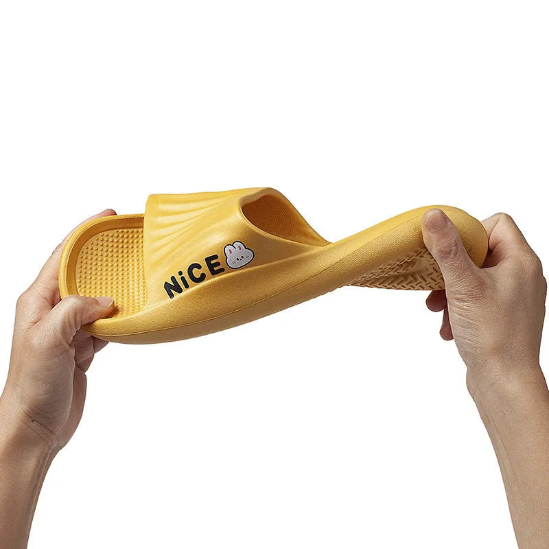 Cartoon pattern EVA flip flop slippers for adults on a plain background, showing non-slip sole and colour options.