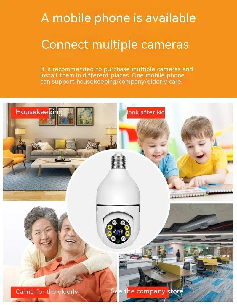 Wireless Wi-Fi bulb security camera with lamp holder base, showing compact 5cm by 12cm size.